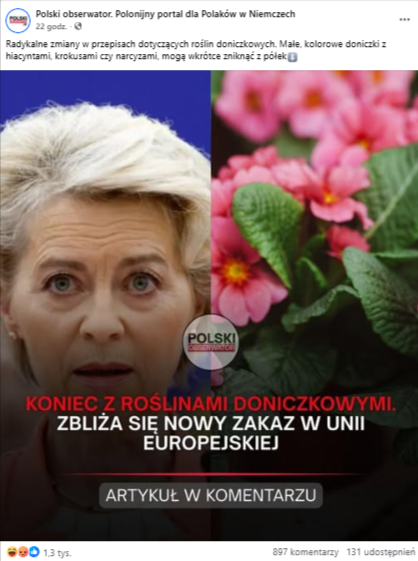 Wpis na Facebooku z profilu Polski Obserwator, powielający informacje o zbliżającym się zakazie roślin doniczkowych