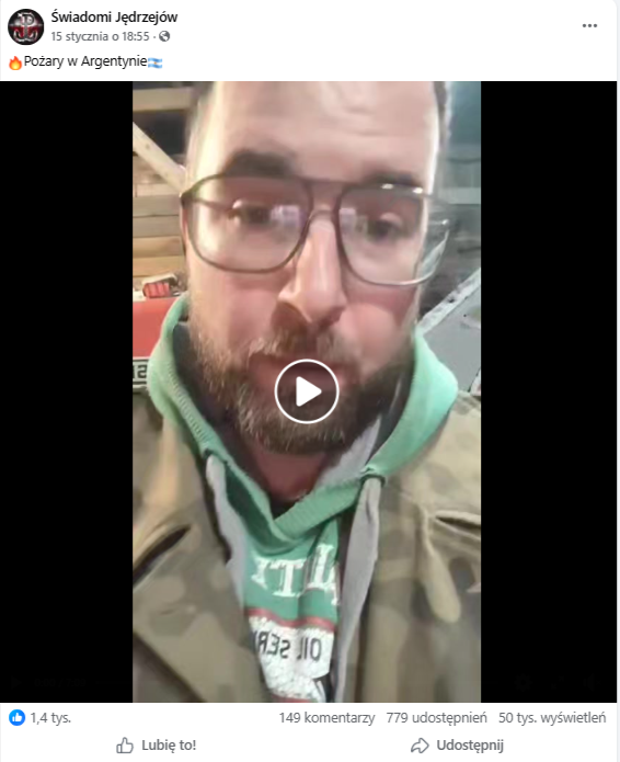 Wpis na Facebooku z nagraniem brodatego mężczyzny w okularach mówiącego, że lasy w Argentynie podpalili obywatele Izraela 