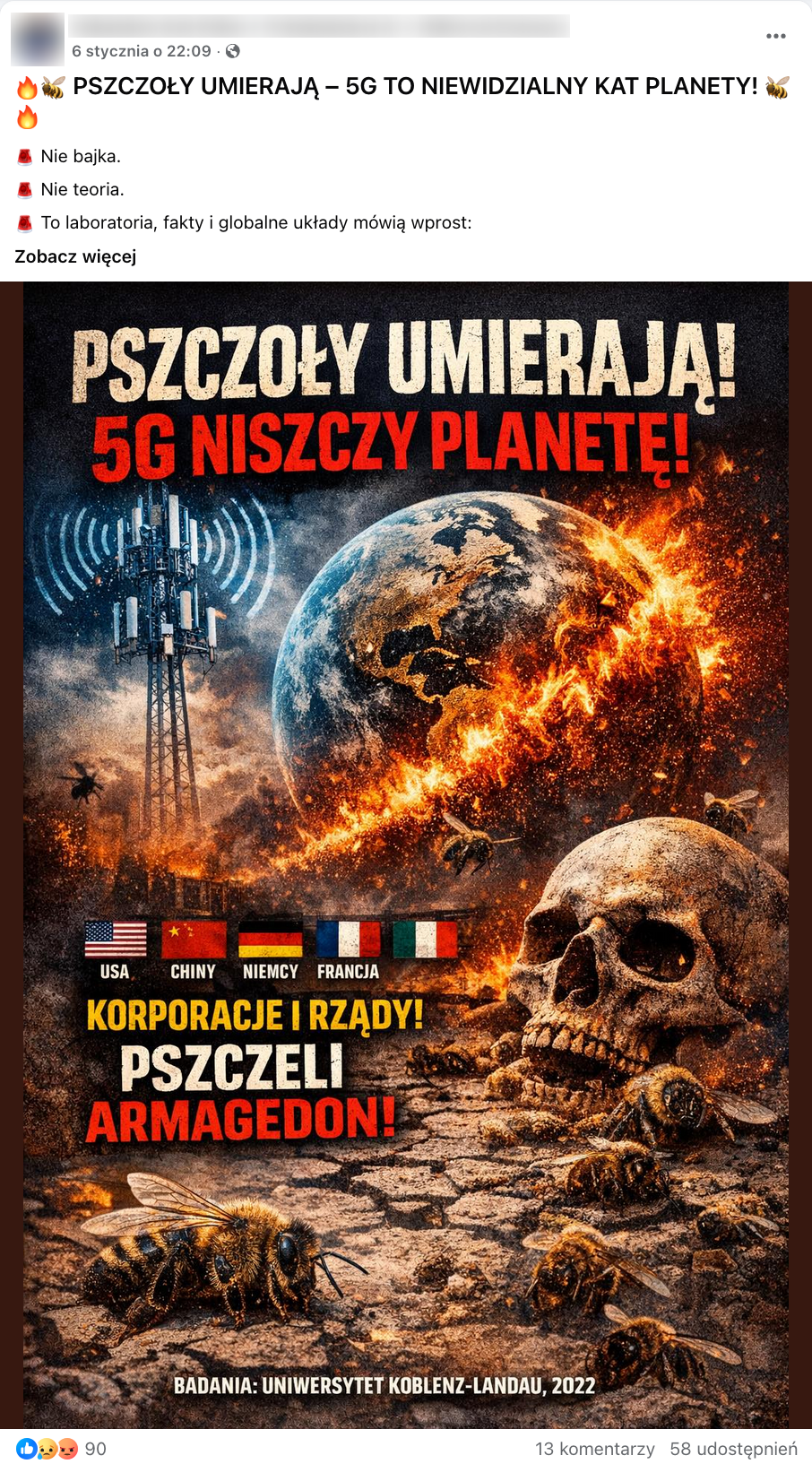 Zrzut ekranu przedstawiający wpis z Facebooka. Do wpisu dołączono ilustrację, na której w pierwszym planie widać pszczoły idące w kierunki czaszki. W tle widać planetę Ziemię otoczoną pierścieniem ognia oraz słup antenowy, z którego rozchodzą się fale.
