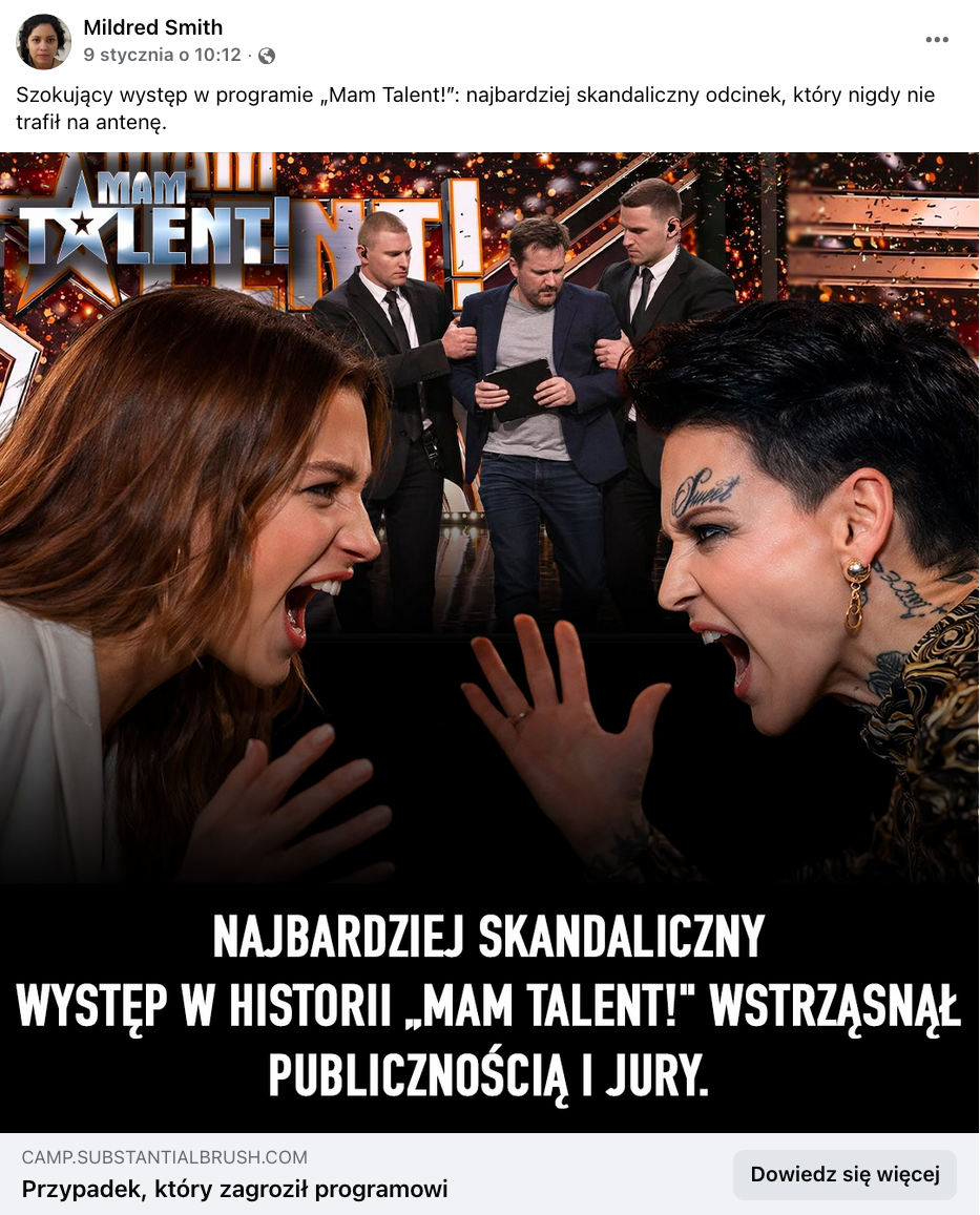Zrzut ekranu przedstawiający post opublikowany na Facebooku. Wpis składa się z krótkiego opisu i linku, którego podgląd widać na zrzucie ekranu. Na podglądzie w pierwszym planie widać profil dwóch kobiet, jedna z nich to Agnieszka Chylińska. Kobiety wyglądają jakby krzyczały do siebie. Za nimi widać scenę, z której dwaj ochroniarze sprowadzają mężczyznę. Mężczyzna ubrany jest w granatową marynarkę, trzyma przed sobą prawdopodobnie czarną teczkę lub czarnego tableta.