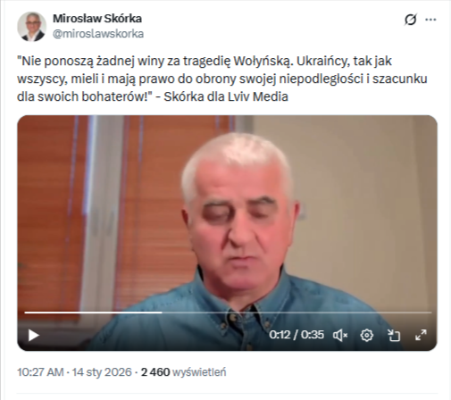 Rzekomy profil prezesa Skórki z nagraniem opublikowanym na portalu X. Treść opisu filmu brzmi: „Nie ponoszą żadnej winy za tragedię Wołyńską. Ukraińcy, tak jak wszyscy, mieli i mają prawo do obrony swojej niepodległości i szacunku dla swoich bohaterów!" - Skórka dla Lviv Media