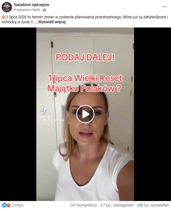 Nagranie na profilu Świadomi Jędrzejów na Facebooku z informacją o resecie majątku Polaków