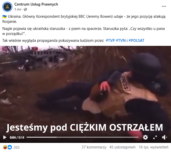 Zrzut ekranu z platformy Facebook, gdzie pojawia się hasło „Jesteśmy pod ciężkim ostrzałem” oraz leżący człowiek w kamizelce z napisem PRESS.