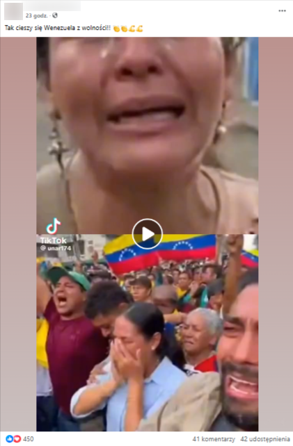 Film na Facebooku, na którym widać tłum cieszący się z z zatrzymania Maduro