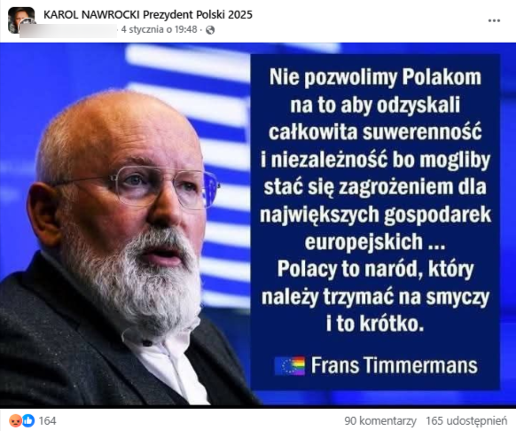 Wpis na Facebooku z grafiką ze zdjęciem Fransa Timmermansa i jego rzekomym cytatem dotyczącym Polski, która nie może uzyskać suwerenności.