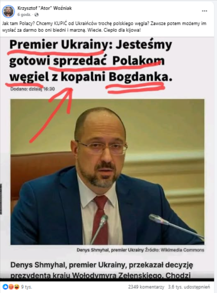 Wpis na Facebooku ze zrzutem ekranu z portalu informacyjnego. Nagłówek głosi: “Premier Ukrainy: Jesteśmy gotowi sprzedać Polakom węgiel z kopalni Bogdanka”. 