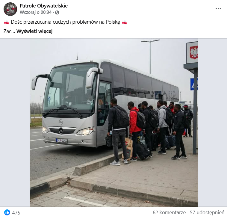 Zrzut ekranu wpisu na Facebooku, w którym przedstawiono niemieckie plany przewozu migrantów do Polski przy użyciu autokarów.
