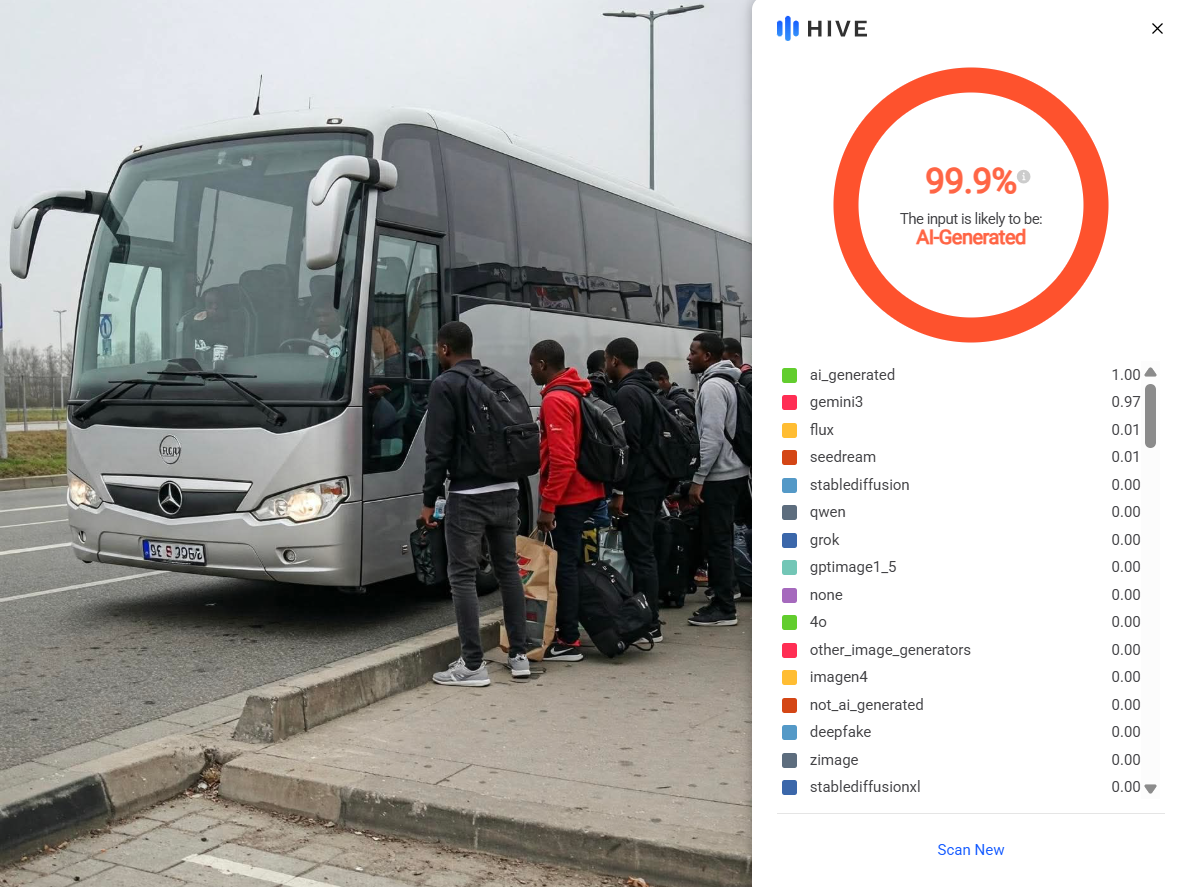 Wykonana analiza obrazu z wykorzystaniem HIve Moderation – analiza wykazuje, że materiał został wygenerowany z 99,9 proc. prawdopodobieństwem.