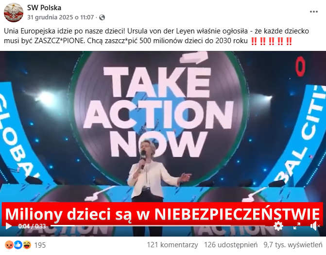 Zrzut ekranu z platformy Facebook, gdzie pojawia się Ursula von der Leyen z mikrofonem na scenie. Na dole ekranu widzimy wielki napis „Miliony dzieci są w niebezpieczeństwie”.