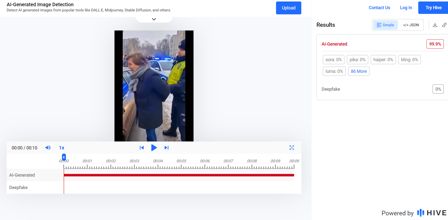 Analiza wideo przeprowadzona w programie Hive, wskazująca, że film na 99,9 proc. stworzony został przez AI 