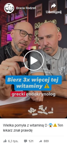 Zrzut ekranu z materiału wideo na Facebooku na temat suplementacji witaminy D. Na stopklatce widać braci Rodzeń, którzy przedstawiają swoje argumenty ws. stosowania witaminy.