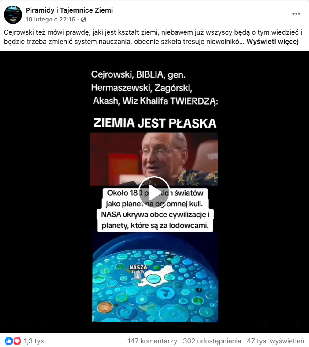 Wpis na Facebooku z nagraniem Wojciecha Cejrowskiego mówiącego o kształcie Ziemi 