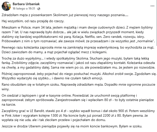 Zrzut ekranu z serwisu Facebook. Fałszywa historia kobiety, która poznała hazard po romansie z artystą disco polo