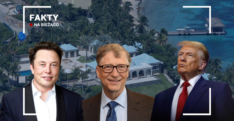Elon Musk, Bill Gates i Donald Trump, w tle wyspa.