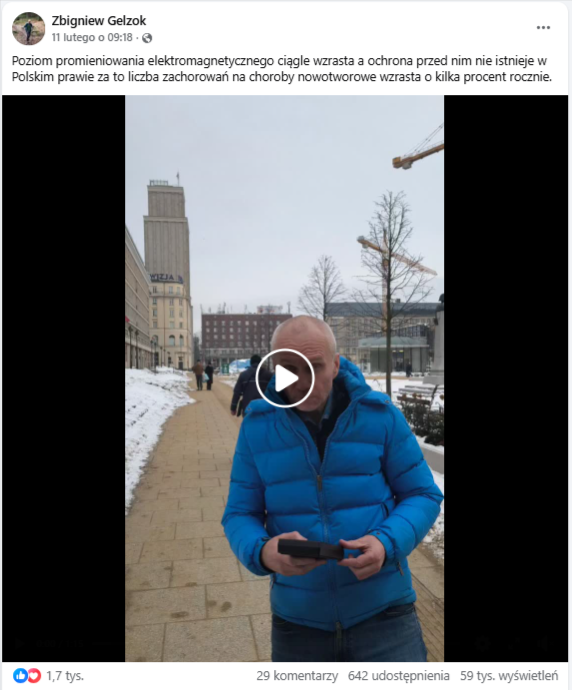 Wpis na Facebooku z nagraniem przedstawiającym ulice Warszawy. Mężczyzna w niebieskiej kurtce to Zbigniew Gelzok.