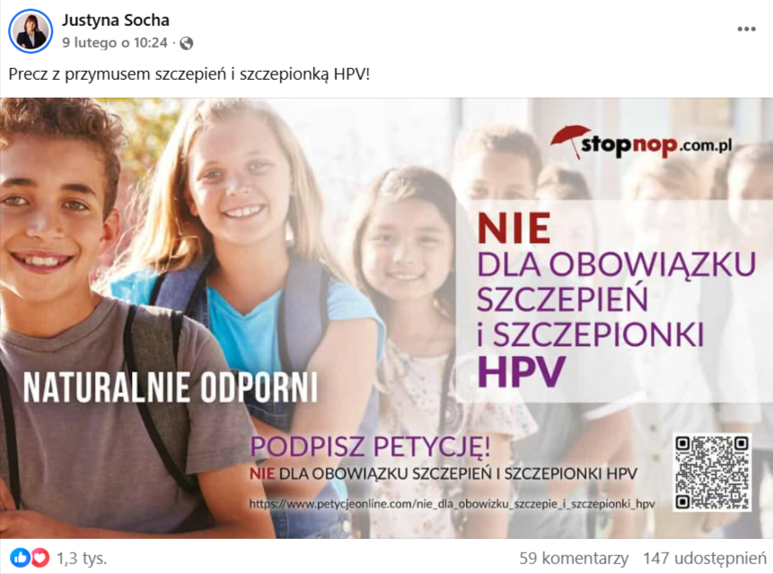 Zrzut ekranu z wpisu na Facebooku, w którym pokazano sprzeciw wobec szczepień na HPV.