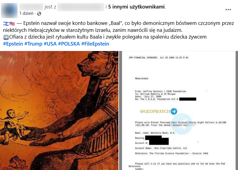 Zrzut ekranu wpisu z Facebooka. Na górze podpis i elementy interfejsu platformy, na dole dwie grafiki – z lewej przedstawiająca Baala, z prawej dokument.