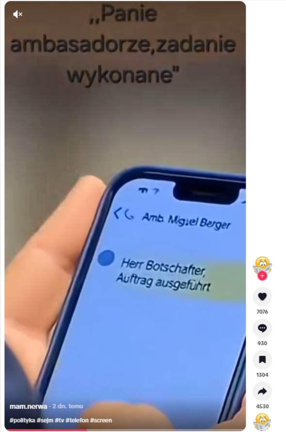 Nagranie na TikToku, na którym widzimy telefon Donalda Tuska z wiadomością po niemiecku wysłaną do ambasadora