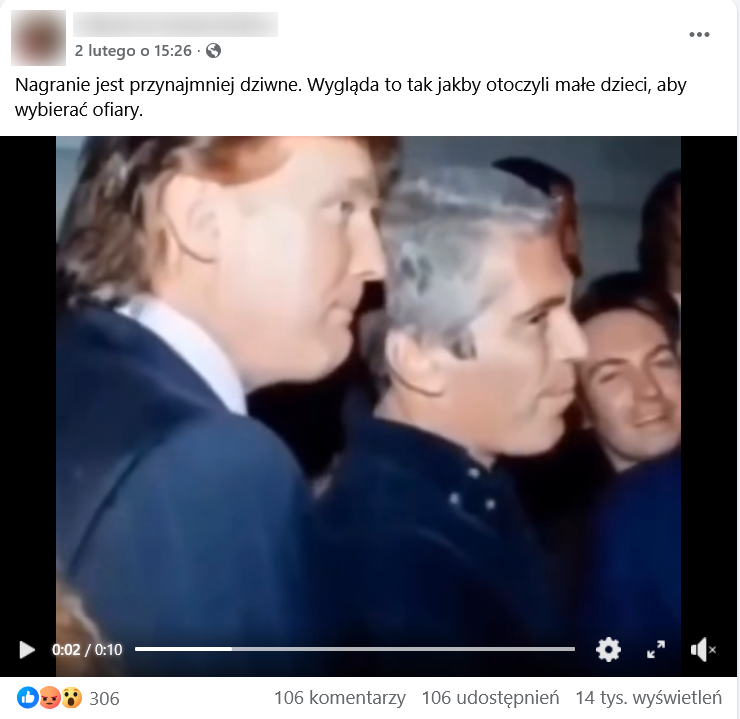 Zrzut ekranu z Facebooka, na górze podpis i elementu interfejsu platformy, na dole klatka z filmu przedstawiająca Donalda Trumpa i Jeffreya Epsteina.