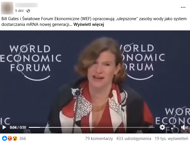 Zrzut ekranu z Facebooka. Na górze podpis i elementy interfejsu platformy. Na dole klatka z filmu, przedstawiająca mówczynię na panelu WEF.