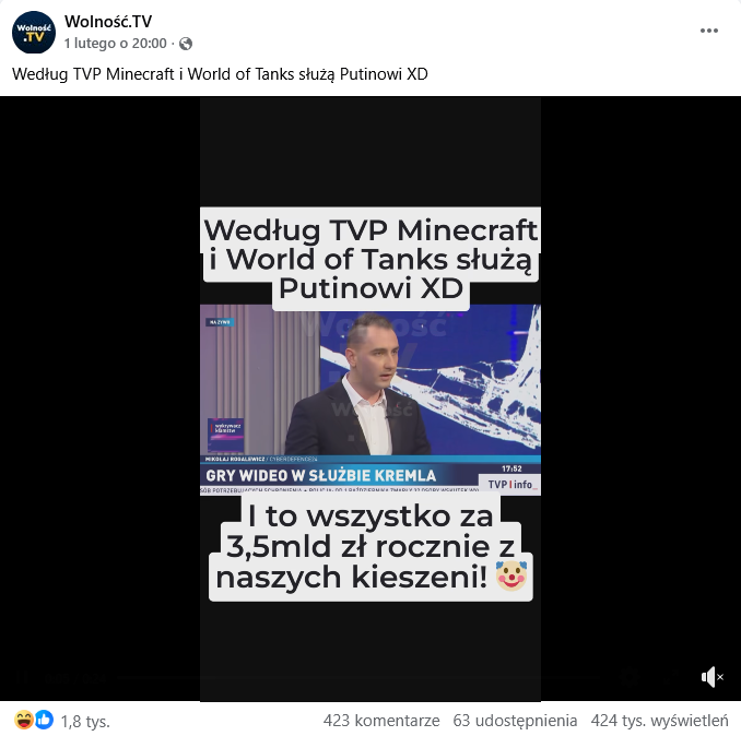 Zrzut ekranu z Faceboka, na górze podpis i elementy interfejsu platformy, na dole klatka z filmu przedstawiająca dziennikarzy w studiu.
