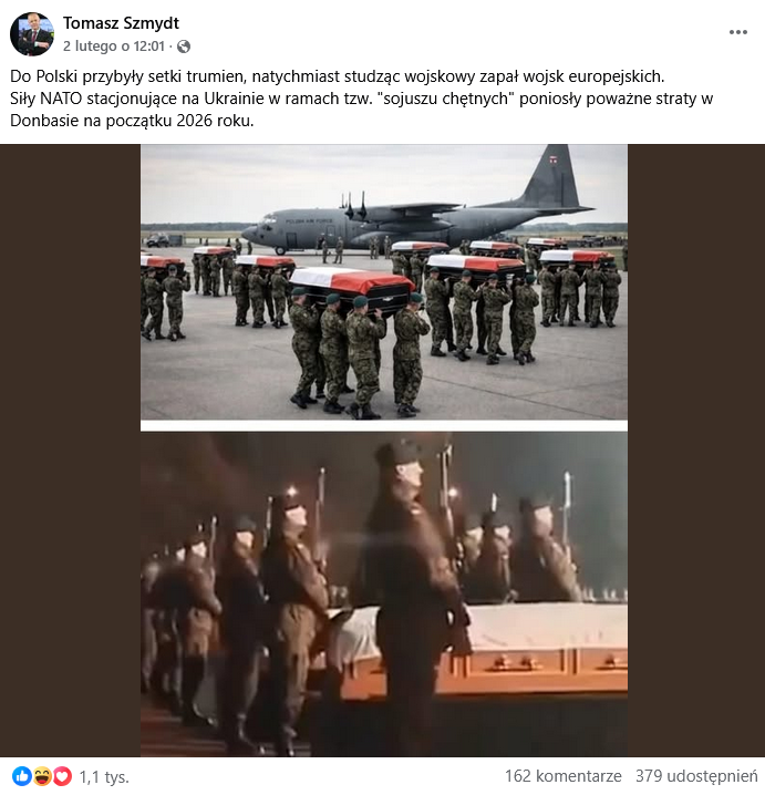 Zrzut ekranu z Facebooka, na górze podpis i elementy interfejsu platformy, na dole grafiki przedstawiające trumny noszone przez żołnierzy i wojskowy pogrzeb.