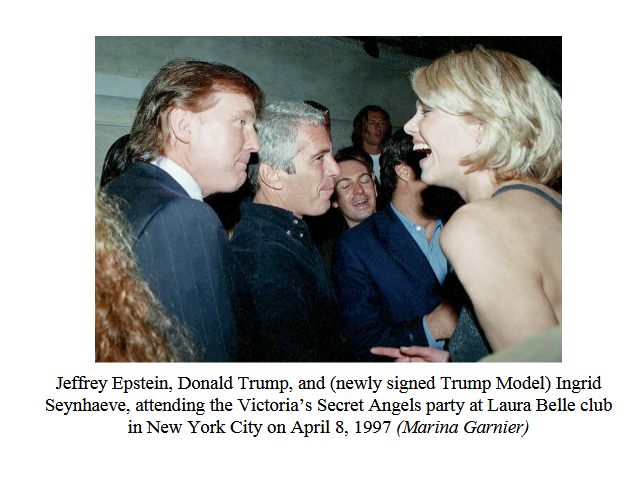 fragment strony książki, przedstawiający zdjęcie Donalda Trumpa, Jeffreya Epsteina i Ingrid Seynhaeve i podpis.