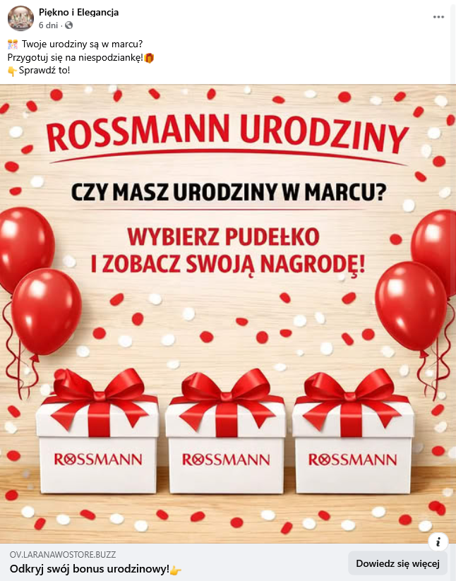 Zrzut ekranu reklamy na Facebooku. Na górze podpis i elementy interfejsu platformy, na dole grafika przedstawiająca balony i opakowania prezentów z logiem Rossmann.