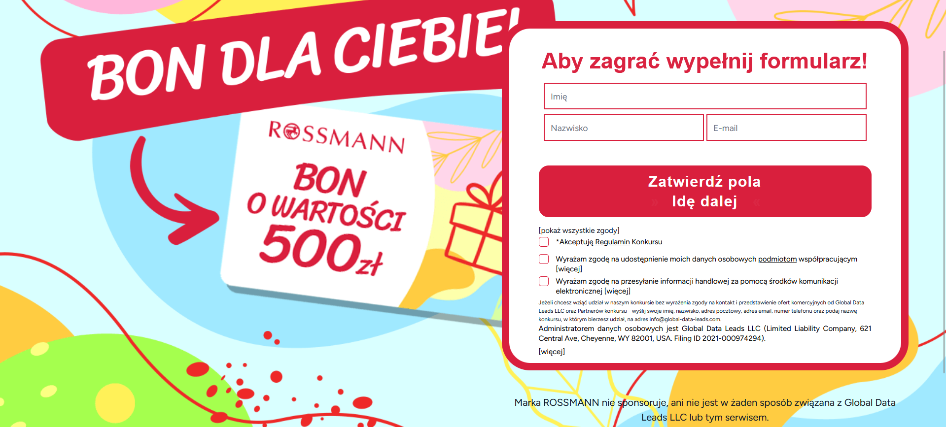 Zrzut ekranu z witryny oszustwa, kolorowa grafika, napis obiecujący bon do rossmanna o wartości 500 zł, i okno z instrukcją podania danych osobowych.