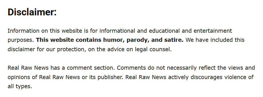 Zrzut ekranu z witryny realrawnews.com, pokazujący zastrzeżenie ostrzegające czytelników, że publikowane treści mają charakter satyryczny.