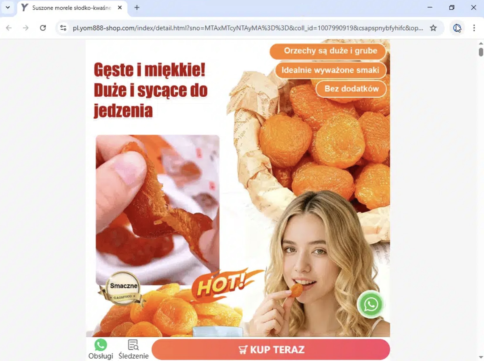 Zrzut ekranu ze strony podlinkowanej w postach na Facebooku. Na stronie widać morele oraz kobietę zjadającą jeden z owoców. Na dole widać przycisk: Kup teraz.