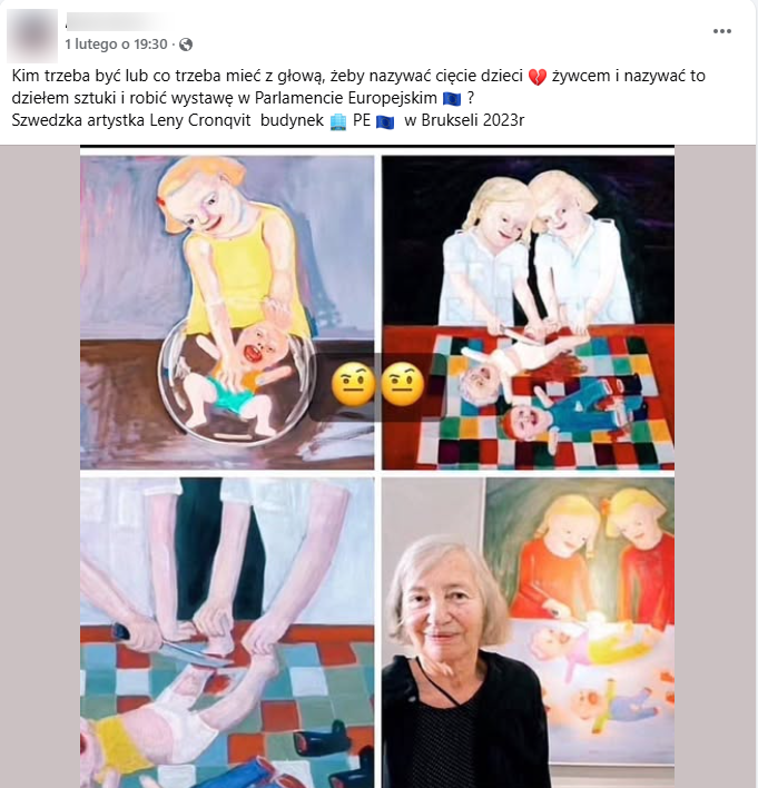 Zrzut ekranu z platformy Facebook, gdzie pojawiają się obrazy szwedzkiej artystki Leny Cronqvist. 