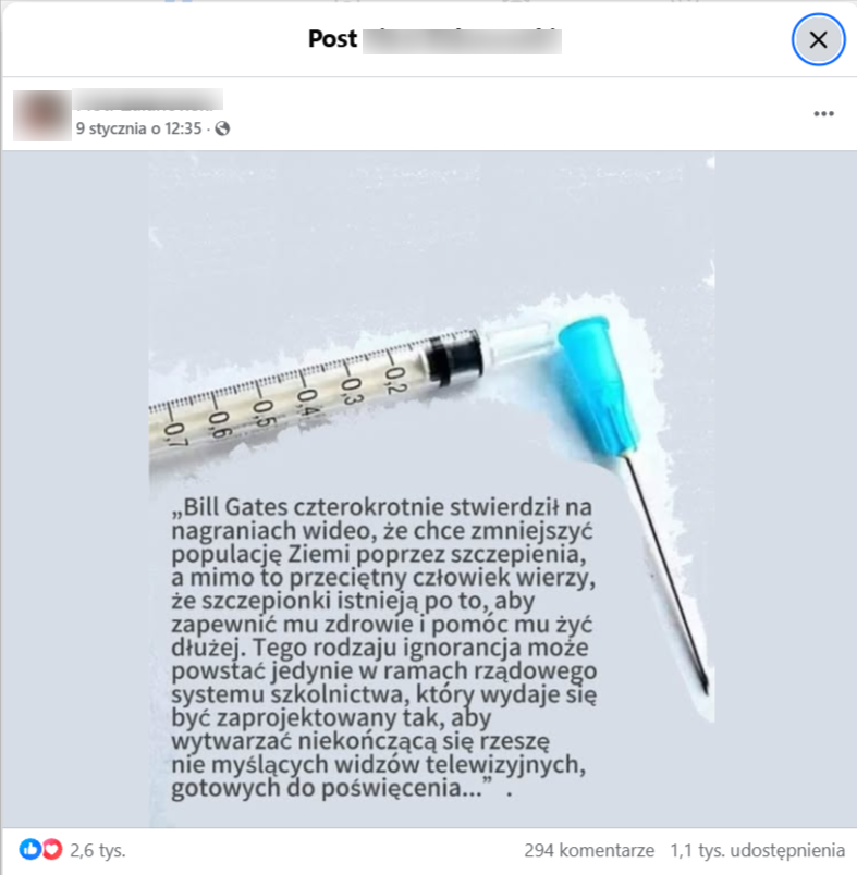 Zrzut ekranu posta na Facebooku. Na zdjęciu widać szczepionkę, a w tekście czytamy o rzekomych planach Billa Gatesa dotyczących depopulacji poprzez szczepienia.