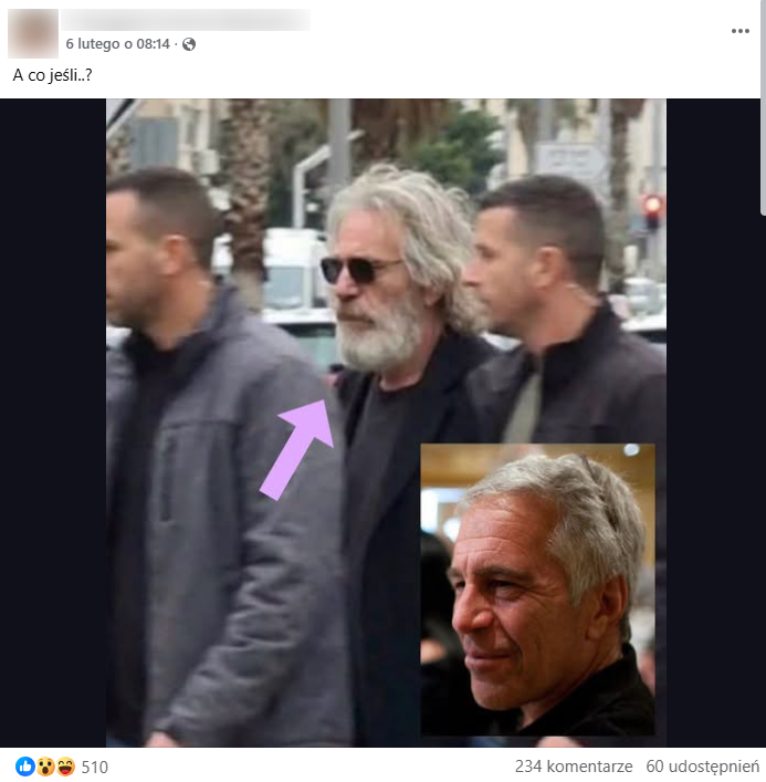 Zrzut ekranu z platformy Facebook, gdzie pojawia się rzekoma grafika Jeffreya Epsteina.