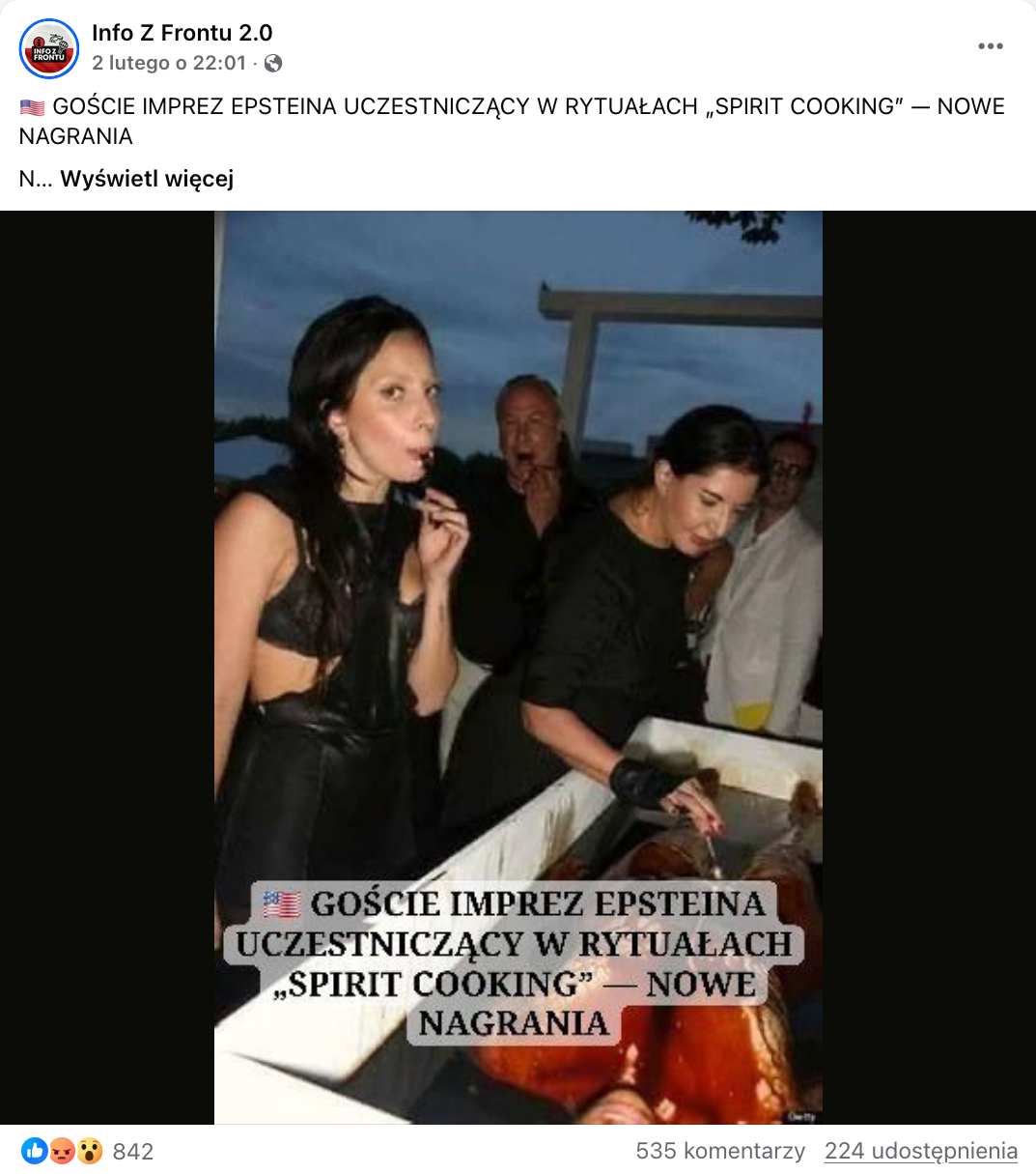 Zrzut ekranu przedstawiający post z Facebooka. Do wpisu dołączono zdjęcie, na którym w pierwszym planie widać Lady Gagę stojącą nad pojemnikiem, w którym leży kobieta zalana czerwoną substancją.
