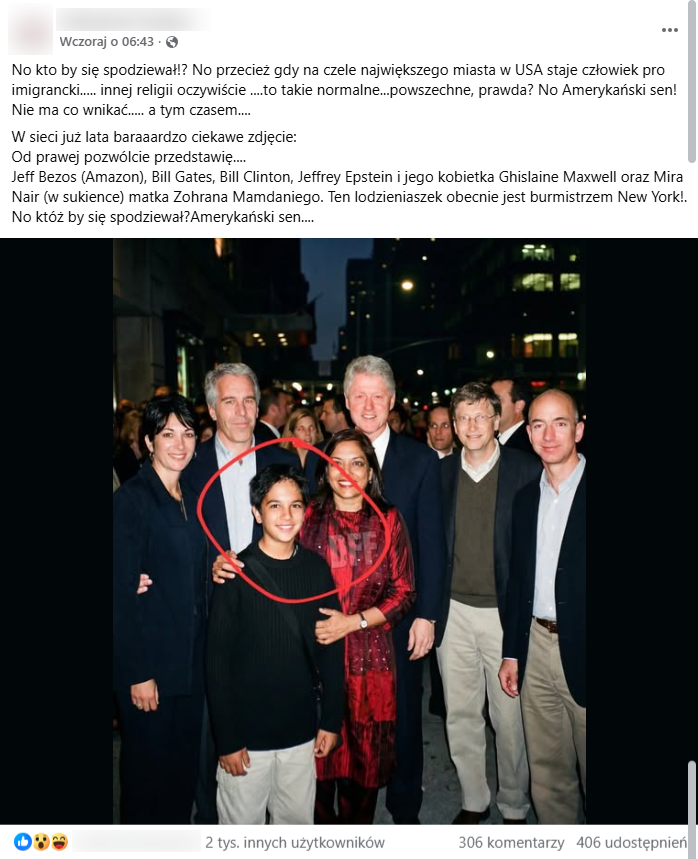 Zrzut ekranu z platformy Facebook, gdzie pojawia się fotografia AI na której są widoczni: Ghislaine Maxwell, Jeffrey Epstein, Zohran Mamdani, Mira Nair, Bill Clinton, Bill Gates oraz Jeff Bezos. 