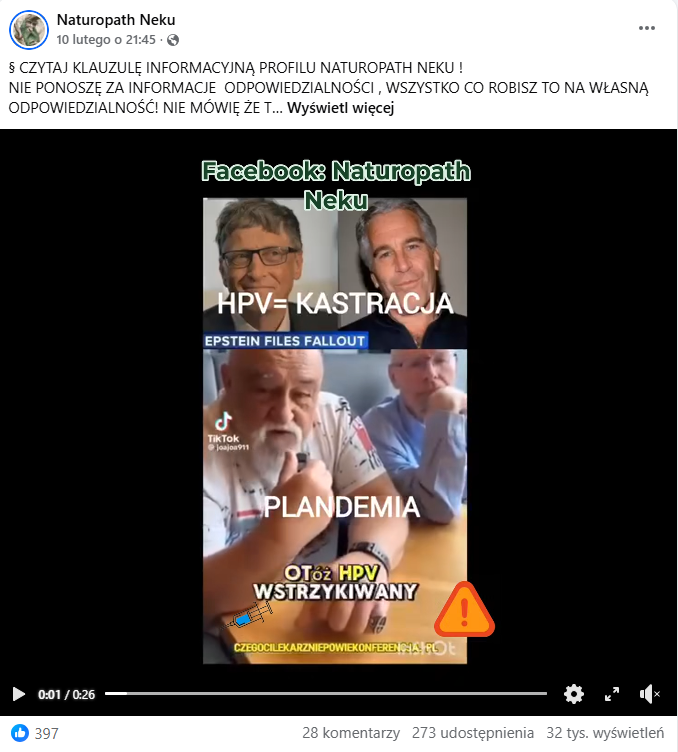 Zrzut ekranu z platformy Facebook, gdzie pojawia się Jaśkowiak z mikrofonem oraz osobno zdjęcia Billa Gatesa oraz Jeffreya Epsteina. 