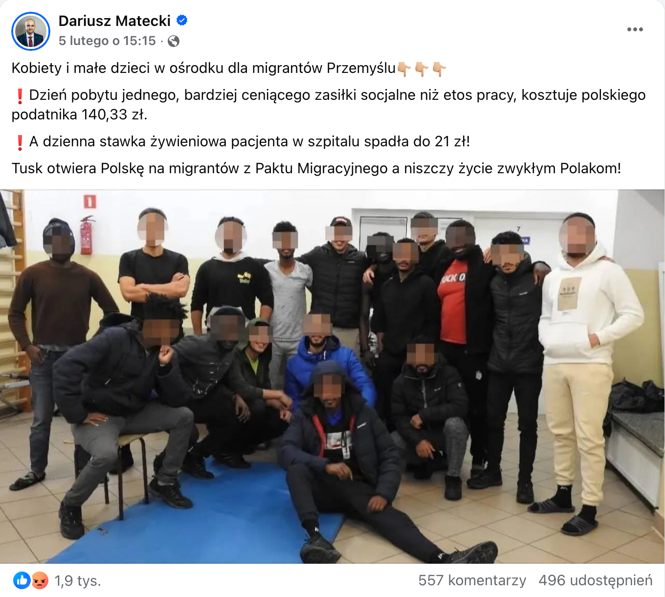 Zrzut ekranu przedstawiający post z Facebooka Dariusza Mateckiego