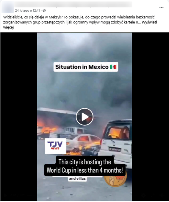 Wpis na Facebooku z nagraniem rzekomo przedstawiającym Meksyk