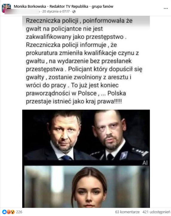 Obraz, który zawierają obydwa dezinformujące posty. Zestawienie tekstu oraz grafiki z twarzami 3 osób.