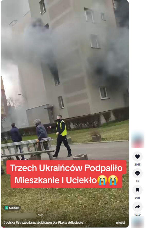Nagranie na TikToku z kadrem przedstawiającym płonący blok. Napis na nagraniu obwinia o podpalnie Ukraińców