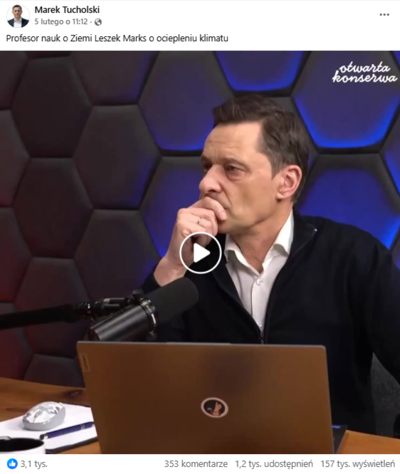  Wpis na Facebooku z fragmentem nagrania, na którym prof. Marks mówi, że globalne ocieplenie, powodowane przez człowieka, to propaganda.