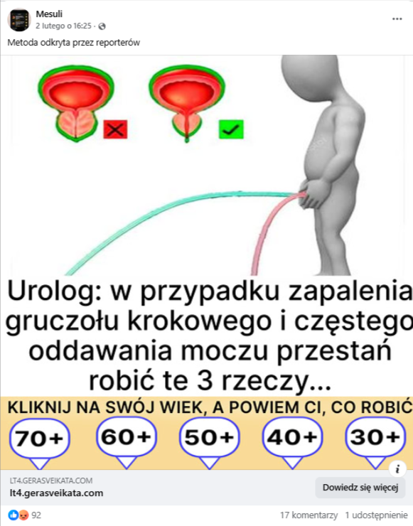 Wpis na Facebooku z rysunkiem reklamującym sposób na radzenie sobie z nietrzymaniem moczu