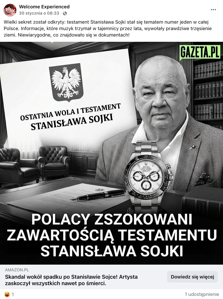Zrzut ekranu przedstawiający post opublikowany na Facebooku. Do wpisu dołączono czarno białą ilustrację, na której w pierwszym planie widać Stanisława Sojkę, a w drugim dokument zatytułowany: Ostatnia wola i testament Stanisława Sojki.