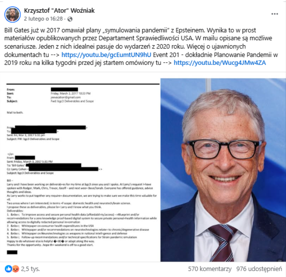 Wpis na Facebooku ze zrzutem ekranu z mailem z akt Epsteina. Obok znajduje się zdjęcie Billa Gatesa