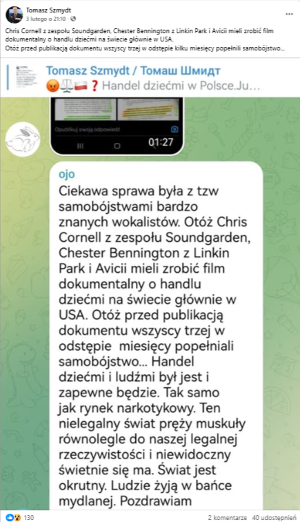 Wpis konta Tomasz Szmydt na Facebooku. Dołączono do niego zrzut ekranu z wiadomością o śmierci muzyków. Wpis zdobył 120 reakcji, 2 komentarze i 40 udostępnień.