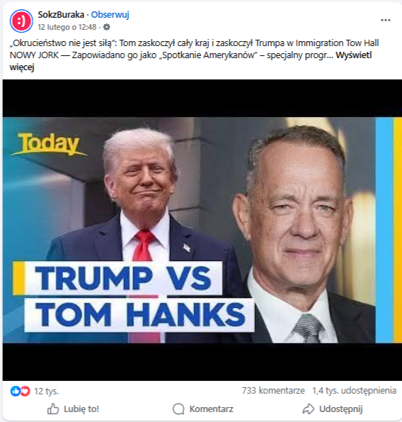 Zrzut ekranu z platformy Facebook, gdzie pojawia się historia stworzona przez AI oraz zestawione zdjęcia Hanksa i Trumpa.