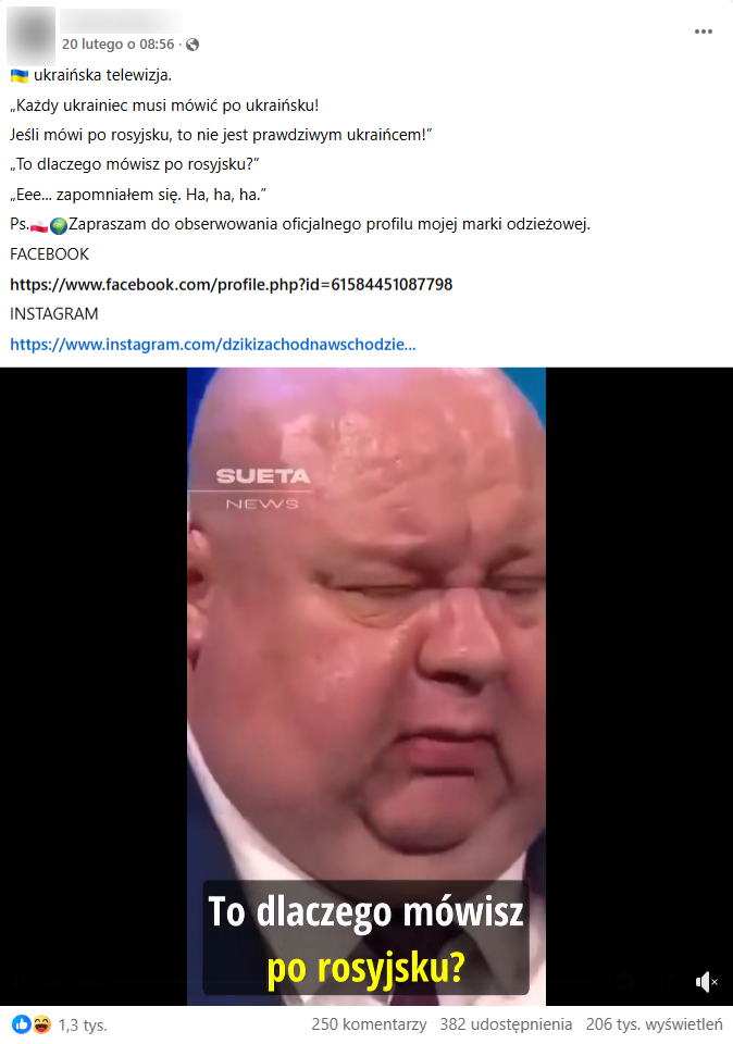 Zrzut ekranu z platformy Facebook, gdzie pojawia się klatka nagrania AI ukraińskiego polityka, który rzekomo nakłania do mówienia po ukraińsku sam mówiąc po rosyjsku. 