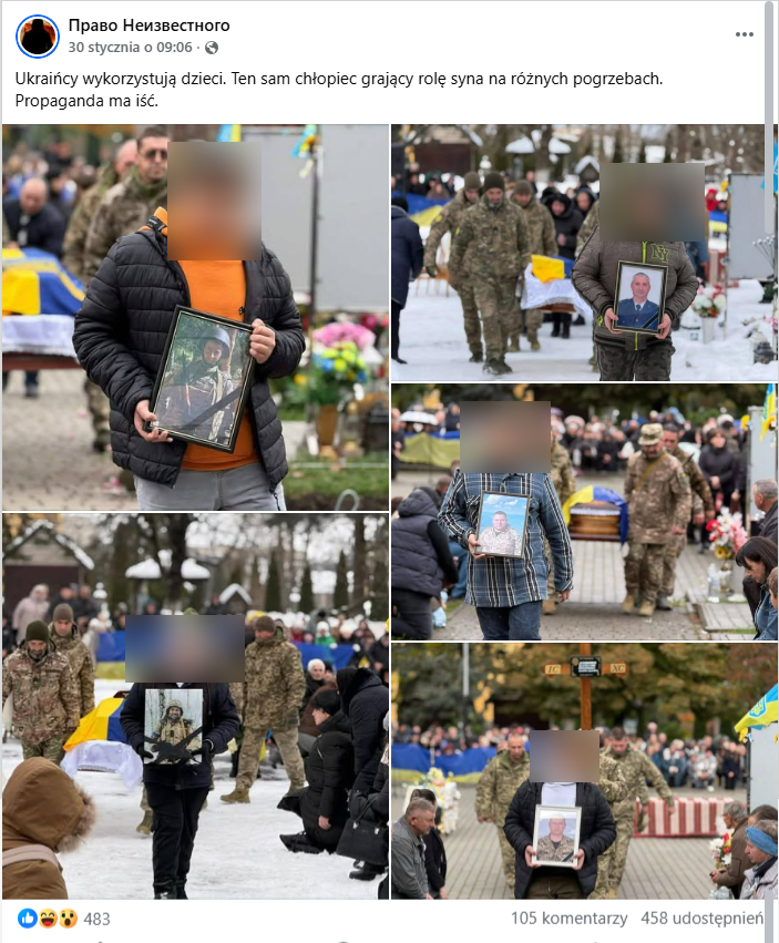 Zrzut ekranu z platformy Facebook, gdzie pojawia się kilka zdjęć tego samego chłopca niosącego portret żałobny innych żołnierzy. 