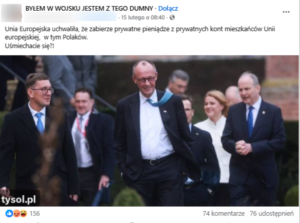 Wpis na Facebooku ze zdjęciem kancelarza Niemiec Fredericha Merza, ubranego w garnitur i białą koszulę, otoczonego przez podobnie ubrane osoby